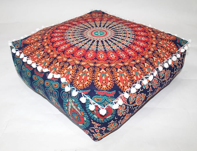 CRAFT KALA Large Hippie Mandala Meditation Floor Ottoman Pillow Cushion Pouf Cover Square Poufs Bohemian Circle Floor Cushion Case Outdoor Fireplace Yoga Living Room Decor Cover Orange, 16" Square