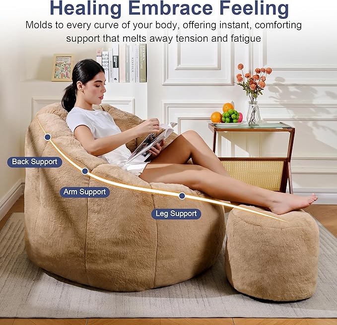 Pumpkin Shaped Bean Bag Chair with Ottoman, Gaint Bean Bag Chair for Adults, Faux Rabbit Fur Comfy BeanBag Floor Sofa Chair for Reading, Playing, Relaxing, Khaki
