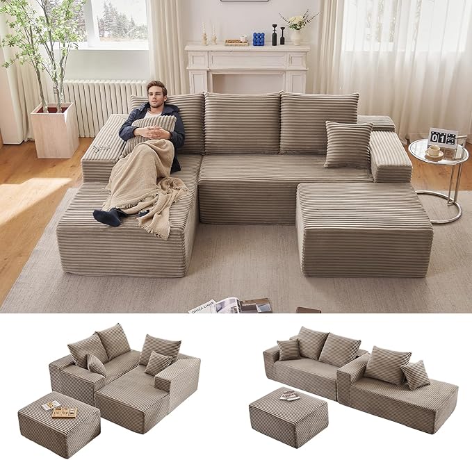 107.5" W Cloud Sectional Couch with Ottoman,Modern U-Shaped Cloud Couch with Deep Seat,Comfy Corduroy 4-Seater Sofa,Memory Foam Sofa for Living Room,No Assembly (Camel,Left-Facing Chaise)