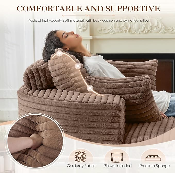 Oversized Round Chaise Longue Chair Indoor, Modern 55-inch Upholstered Corduroy Deep Seat Circle Single Cloud Lounge Floor Sofa Chair for Living Room, Bedroom Apartment, Brown