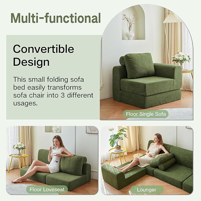 Swbvs Convertible Folding Sofa Bed, Multi-Functional Sleeper Chair with Memory Foam and Back Support – Portable Futon Couch for Living Room, Bedroom, or Small Spaces