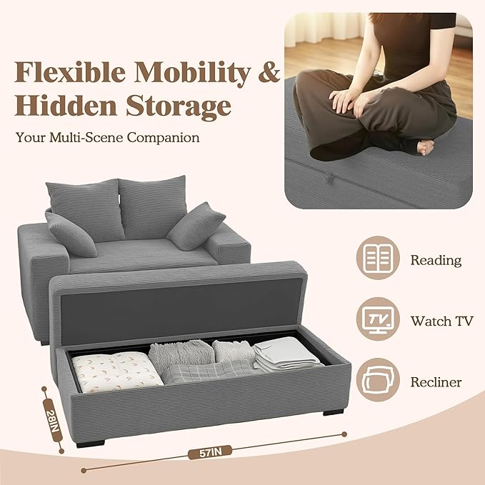 Indoor Chaise Lounge Chair with Storage Ottoman, Modern 60-Inch Lounge Sofa Chair with Wide Armrests & 4 Pillows, Oversized Comfy Reading Lounger for Living Room, Bedroom（Medium-Rib Corduroy Grey）