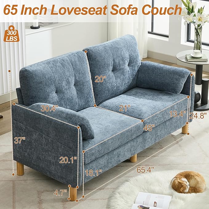 WUTUTUEE 65" Chenille Loveseat Sofa, Modern 2-Seater Love Seat Couch with Armrest Pillows, Storage Pockets, Easy Assembly, Upholstered Tufted Loveseat Sofa Couches for Living Room Bedroom, Blue