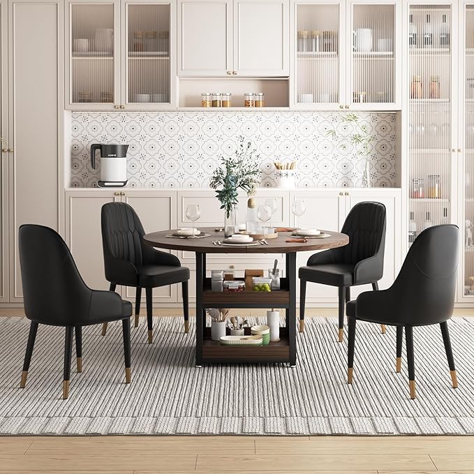 5-Piece Round Dining Table Set for 4 with Storage, Kitchen Table with 4 PU Leather Chairs, Space Saving for Breakfast Nook, Dinette, Dining Room (Walnut Dining Table-4 Black Chairs)
