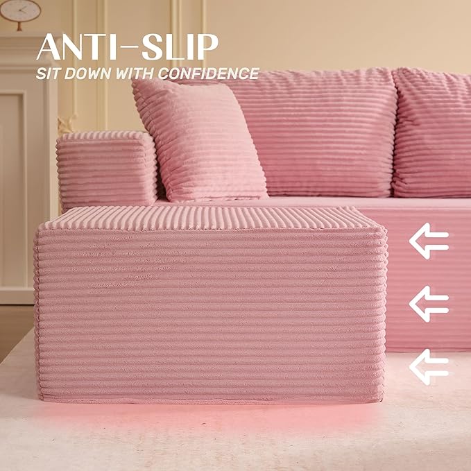 Afuson 107" Boneless Couch with Deep Seat, Modular Sectional Sofa, Cloud Sectional Couch for Living Room, No Assembly Required, Corduroy, U-Shape 3 Seater Left, Pink