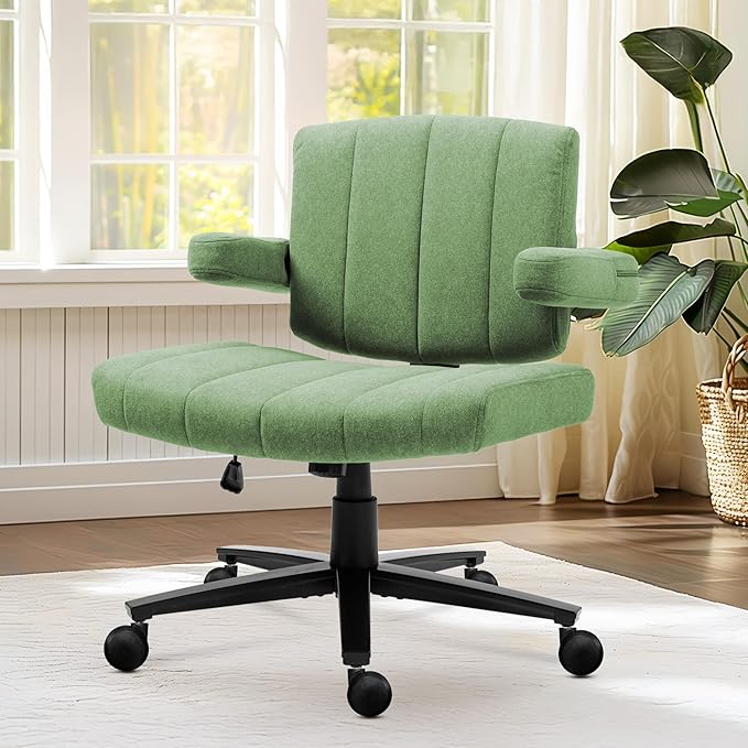 Vigosit Green Criss Cross Office Chair with Wheels, Ergonomic Wide Seat Vanity & Dressing Table Chair, Adjustable Arms Swivel Rolling Desk Chair for Women, Comfortable Cross-Legged Support