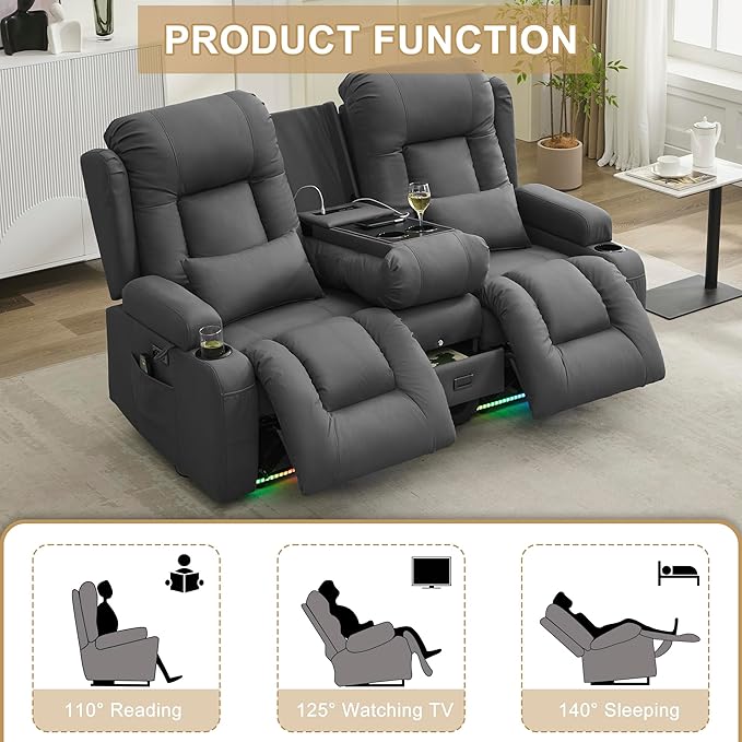 URRED Loveseat Recliner Sofa with Massage and Heat, Power Reclining Loveseat Sofa RV Couch with Console, Home Theater Seating with LED Lights, Bluetooth Speakers, USB, Outlets, Leathaire Gray