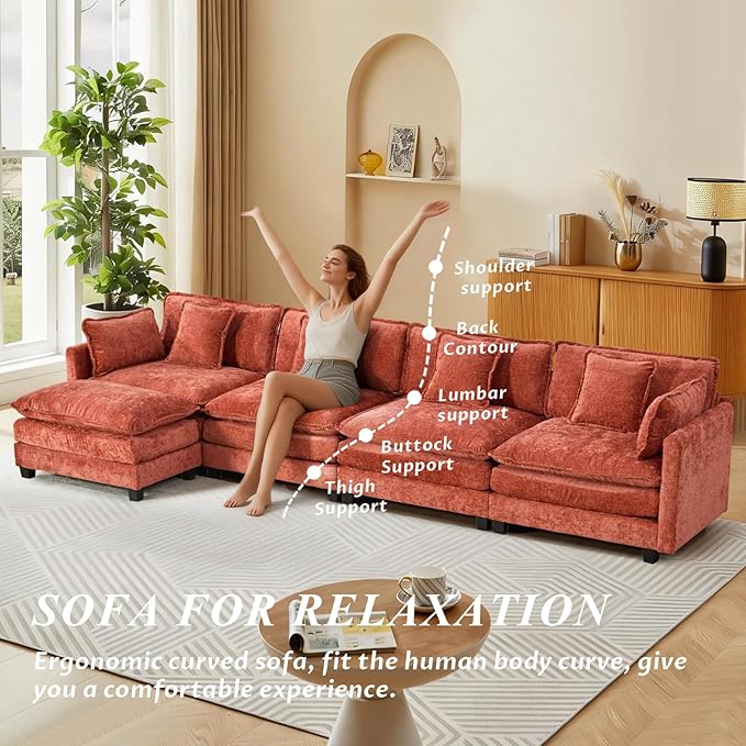 SoarFlash 149.61" Chenille Sectional Sofa, Comfy L Shaped Modular Coush Sofa with Ottoman, Modern 4 Seat Couch Deep Seat Sofa Set for Living Room,Orange
