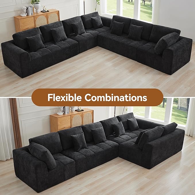 140''Modular Sectional Couches for Living Room, Cloud Boneless Compressed Sectional Sofa, Oversized L Shaped 7 Seater Upholstered Memory Foam Sofa, No Assembly, Chenille Black