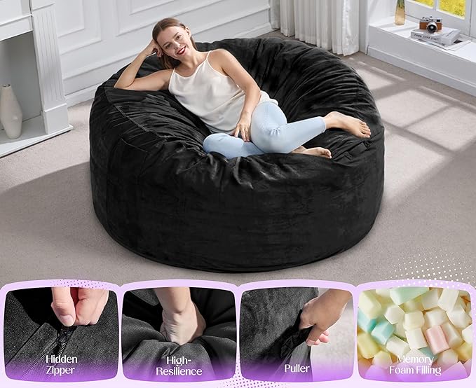 Hobestluk Giant Bean Bag Chair Bed for Adults, Large Bean Bags with High-Density Foam Filling, Convertible Big Sofa Bed Couch for Living Room, Bedroom, Playroom (Black, Queen)