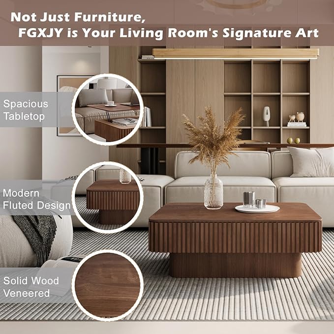 FGXJY Lift Coffee Table with Storage & Adjustable Height, Solid Wood Coffee Table Fluted Center Table Accent Tea Table or Living Room, Apartment, Office (38.6" Walnut)