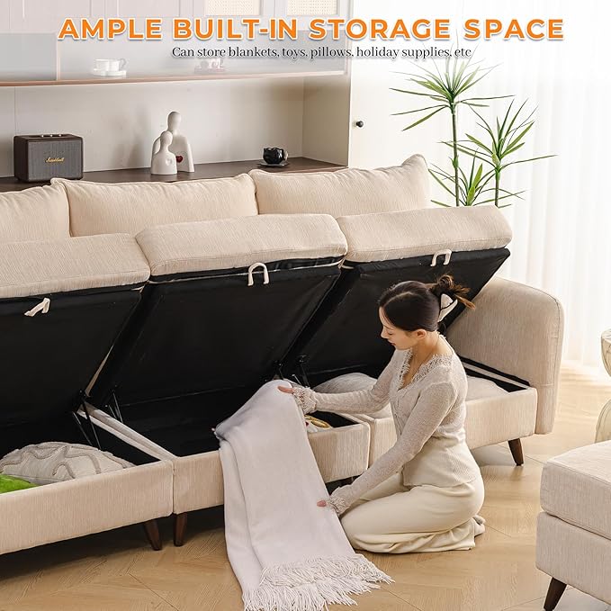 Rexulqo 135'' Modular Sectional Sofa with Seats Storage, Oversized Sleeper Sofa Bed,4-Seater Comfy Cloud Couches with Movable Ottoman,24.5'' Deep Seat,Big Sofas for Living Room,Bedroom,Velet,Cream