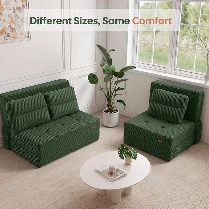 COMAX Folding Sofa Bed, Foldable Couch for Bedroom, Convertible Floor Sleeper Futon Chair Foam, Corduroy 3 in 1 Fold Out Chair Portable Comfy Lounge Couch Sofa Bed for Small Space, Single, Green