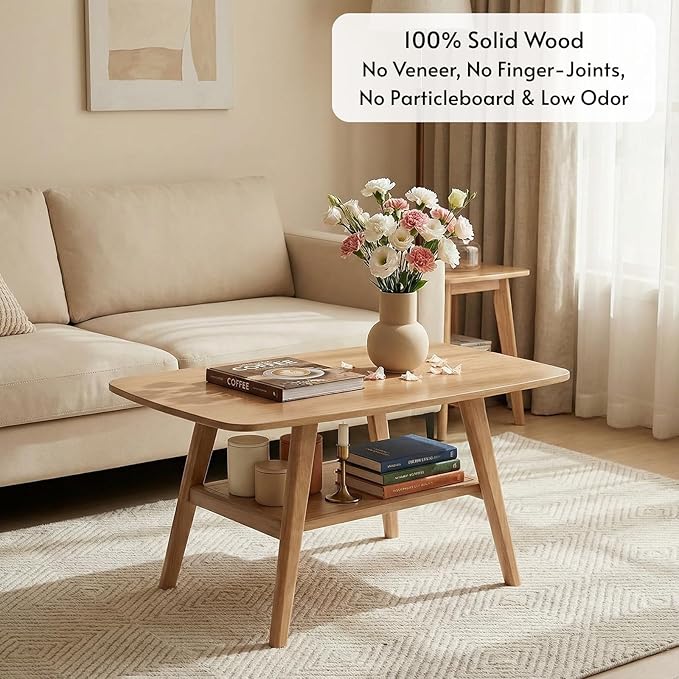 Hymus Wood Coffee Table - 100% Solid Wood- 2-Tier Coffee Table with Storage for Living Room, Eco-Friendly Finish, Easy Assembly (Natural, 31.49" D x 19.68" W x 17.32" H)