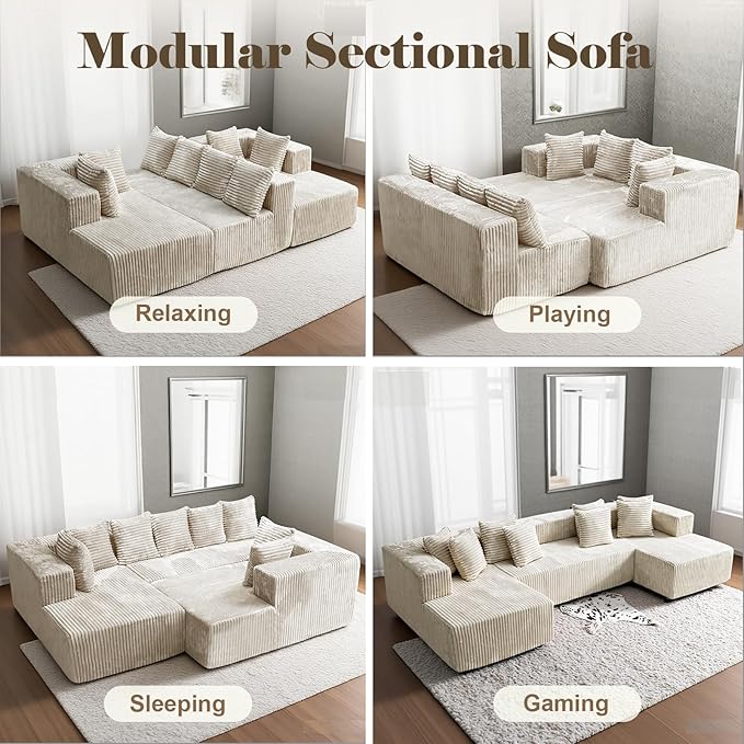 130'' U Shaped Couched for Living Room, Cloud Modular Sectional Couch with 2 Chaise Lounge, Modern Minimalist Upholstered Sofa Sleeper Deep Seat Corner Couch, No Assembly Required Beige