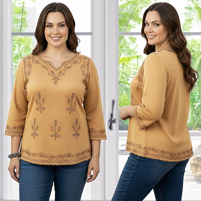Agan Traders 2025 Winter Long Sleeve Diamond Neck Embroidered Tops - Medieval Boho Vintage Tunic Kurta Blouses for Women