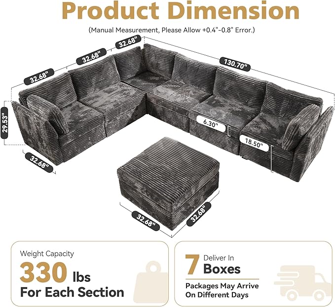 CAODOC Large 7 Seat Modular Sectional Sofa with Ottoman Seat Corduroy Sleeper Sectional Sofa Bed Oversized Convertible Modular Couch for Living Room