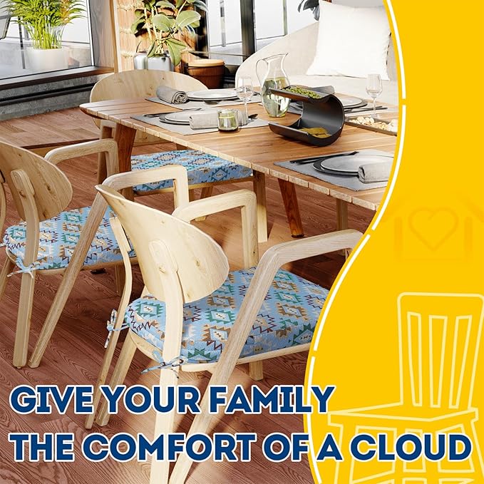 AAAAAcessories D-Shaped Chair Cushions, 2" Thick Dining Chair Pads with Ties and Removable, Machine-Washable Cover, 17" x 16", Geometric Blue