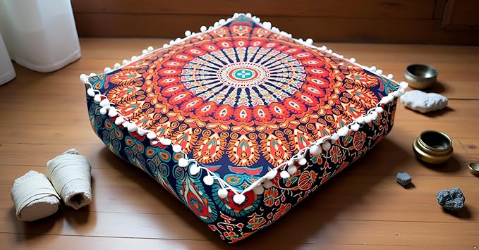 CRAFT KALA Large Hippie Mandala Meditation Floor Ottoman Pillow Cushion Pouf Cover Square Poufs Bohemian Circle Floor Cushion Case Outdoor Fireplace Yoga Living Room Decor Cover Orange, 16" Square