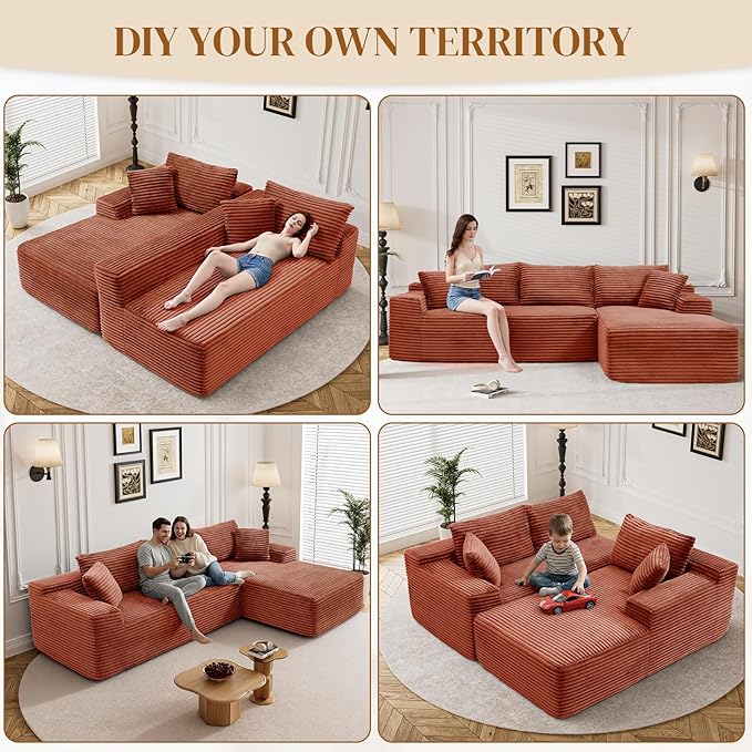 95" Boneless Cloud Sectional Couches for Living Room, Comfy Fluffy L Shaped Memory Foam Deep Seat Boneless Couch, Modular Sectional Sofa with Right Facing Chaise, Orange