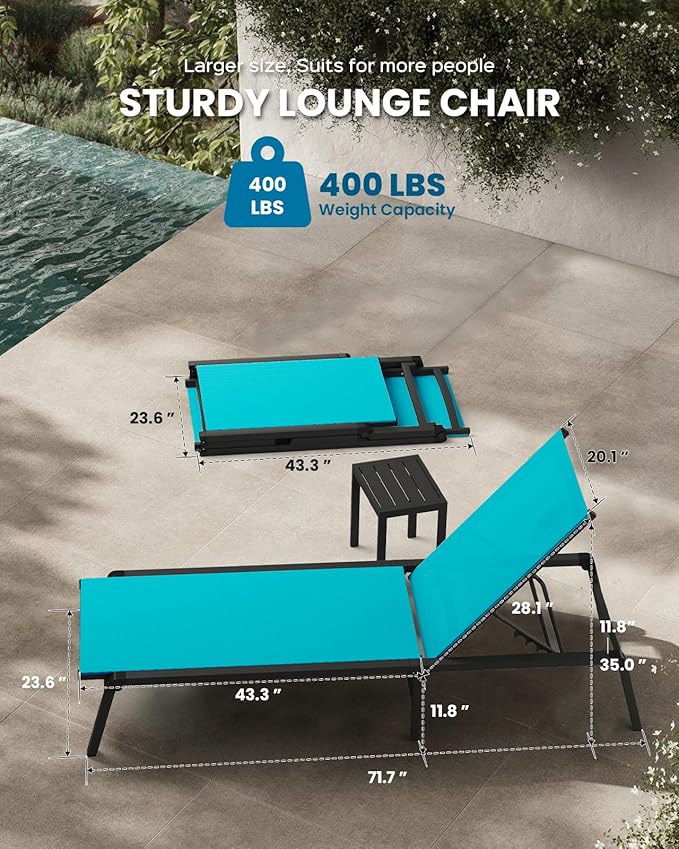 Foldable Pool Lounge Chairs, Aluminum Chaise Lounge Outdoor with 5 Positions Recliner - Free Assembly - Patio Lounge Chair for Poolside, Beach (Lakeblue)