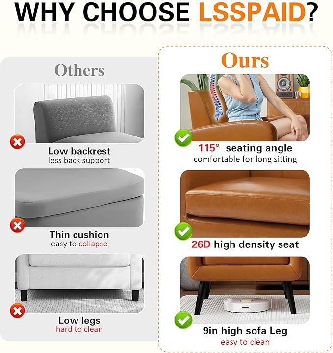 LSSPAID Accent Chairs Set of 2, Brown PU Leather Living Room Chairs, Modern Comfy Upholstered Armchairs Single Sofa Chair with Solid Wood Legs for Apartment, Reading, Office