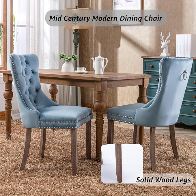 YeahFurn Sky Blue Mid Century Modern Dining Chairs Set of 2, Velvet Upholstered Kitchen & Dining Room Chairs with Nailhead Trim & Solid Wood Legs, Elegant Sillas De Comedor (Sky Blue, 2 Pcs)
