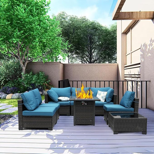 3D MATRIX 8 Pieces Patio Sets with 28" Gas Fire Pit Table Wicker Rattan Outdoor Furniture Set Conversation Set with Garden,Balcony,Pool, Deck (Brown & Peacock Blue, 8pcs Set)