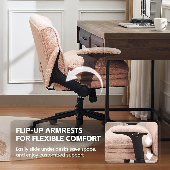 Criss Cross Chair with Flip-up Arms, Wide Criss Legged Chair with 3 Layer Cushion, Ergonomic Office Desk Chair with Wheels, Swivel Vanity Chair for Office, Living Room, Bedroom, Boucle Pink