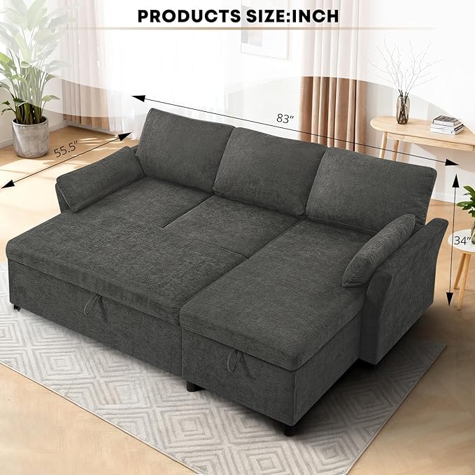 ACMEASE 83 Inches Fabric Sectional Sofa with Pull Out Sofa Bed, Modern L Shaped Sofa with Throw Pillows, Comfortable Sleeper Couch with Storage Chaise for Living Room, Grey
