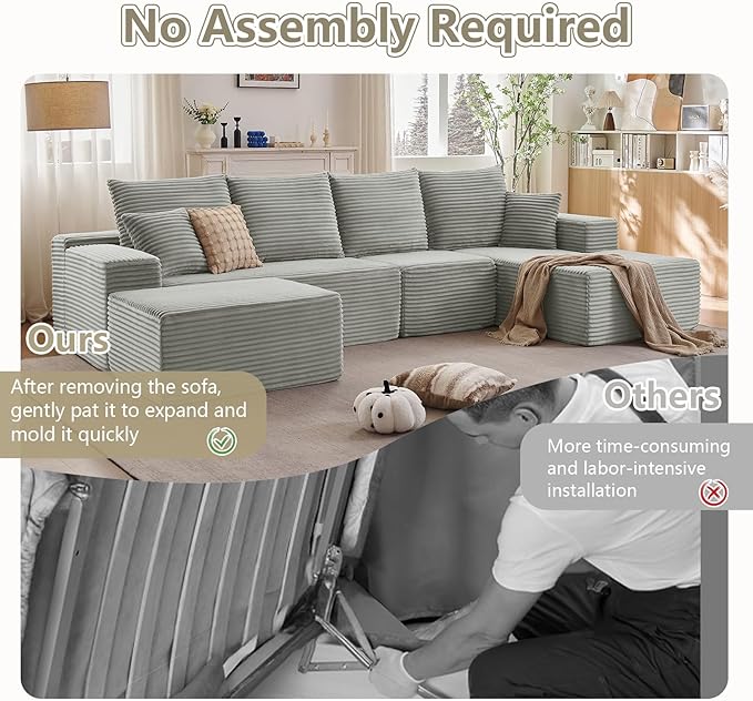 Lakifun 135" U-Shape Cloud Couch, Modern Modular Sectional Comfy L-Shape Sofa with Ottoman, Deep Seat, Upholstered Corduroy Sleeper Chaise Longue for Living Room Bedroom, No Assembly Required, Grey