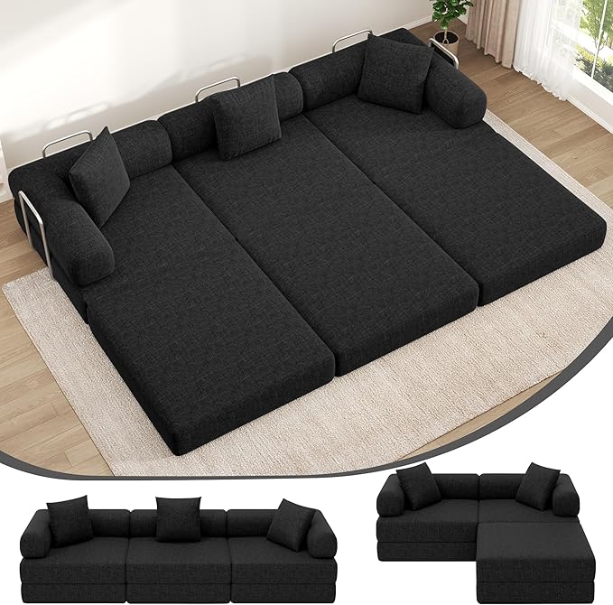 DURASPACE 117.6'' Convertible Folding Sofa Bed, Floor Sleeper Sofa Couch with Fixed-Shape Frame, Oversized Modular Sectional Couch for Living Room, No Assembly Required (Chenille Black)