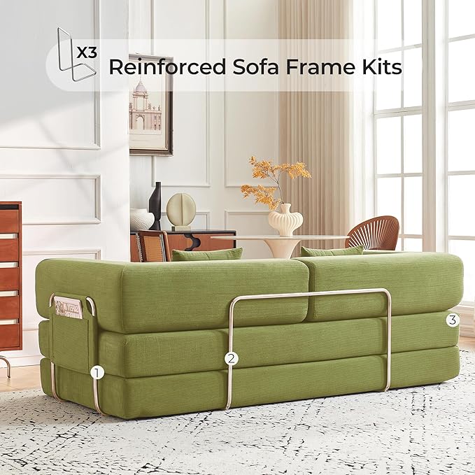 79" Convertible Sofa Bed with Pillows, Corduroy Folding Sleeper Sofa with Fixed-Shape Frame, Boneless Couch for Living Room Bedroom, Floor Sofa Lounge No Assembly Required (A - Style - Olive Green)