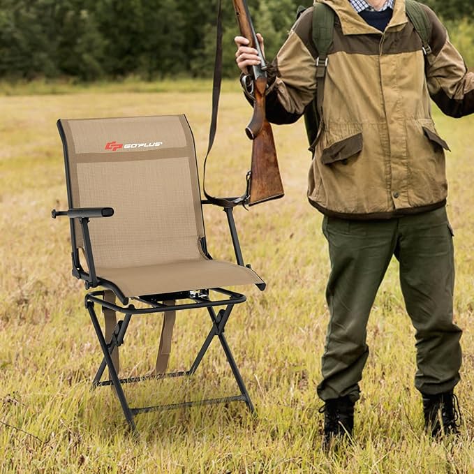 Goplus Hunting Chair, 360° Swivel Folding Hunting Blind Chair with Carrying Strap, 330LBS Capacity, Portable Deer Hunting Stool, Silent Ground Dove Hunting Chair, No Assembly