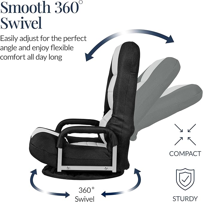 Best Choice Products Swivel Gaming Chair 360 Degree Multipurpose Floor Chair Rocker for TV, Reading, Playing Video Games w/Lumbar Support, Armrest Handles, Adjustable Foldable Backrest - Black/White