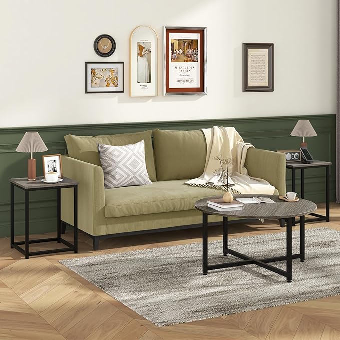 Giantex Round Nesting Table Set of 3, Farmhouse Coffee Table w/2 End Tables, Sturdy Metal Frame, 3-Piece Wooden Living Room Table Set for Home Office, Apartment (Black Oak)