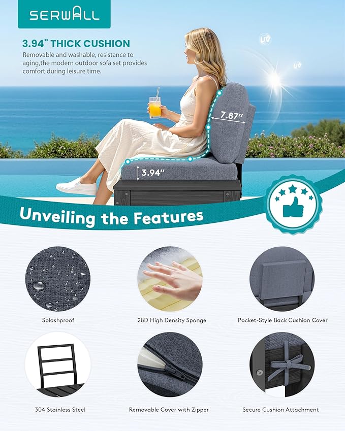 SERWALL HDPE Patio Furniture Set, 8 Seats Outdoor Sectional with Coffee Table, Outdoor Conversation Sets with Adjustable Backrest Sofa for Garden, Poolside, Black Frame with Grey Cushion