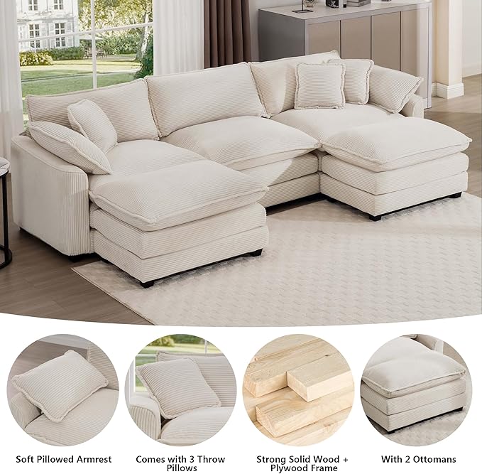 Aoowow Corduroy 3 Seater Couch with Ottomans,Modern Large Cloud Couches for Living Room,U Shaped Modular Sectional Cloud Sofas Deep Seat,U Shape Oversized Tufted Sofa Set(Beige, 3 Seater + 2 Ottoman)