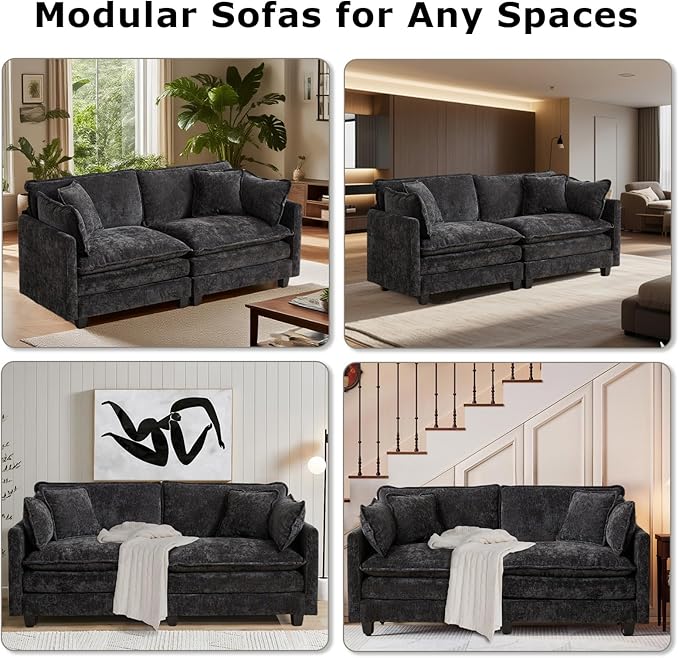 SoarFlash 113.78" Chenille Sectional Sofa, Comfy L Shaped Modular Coush Sofa with Ottoman, Modern 4 Seat Couch Deep Seat Sofa Set for Living Room,Black