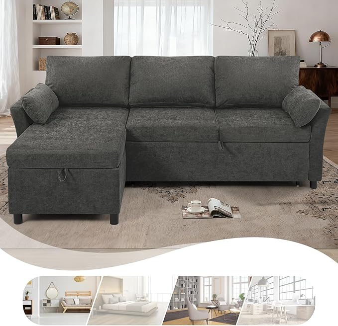 ACMEASE 83 Inches Fabric Sectional Sofa with Pull Out Sofa Bed, Modern L Shaped Sofa with Throw Pillows, Comfortable Sleeper Couch with Storage Chaise for Living Room, Grey