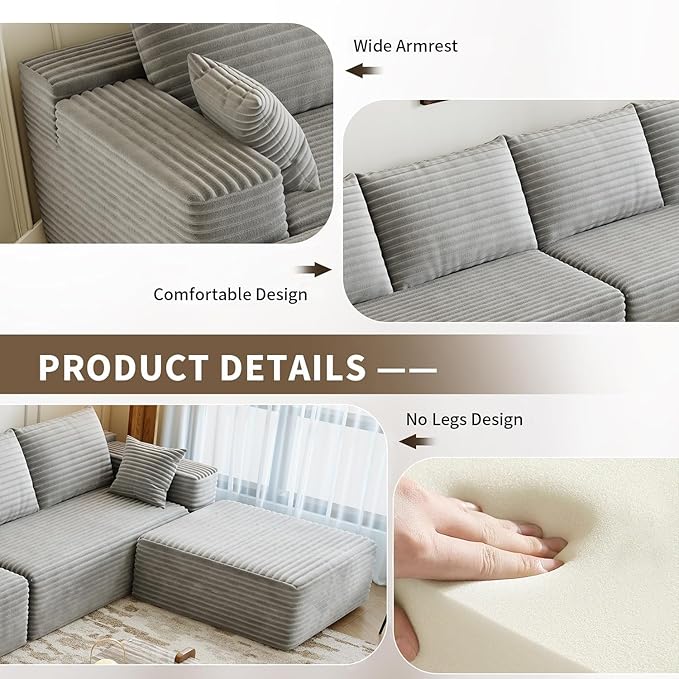 139.4" Modular Sectional Sofa, U-Shaped Minimalist Couches with 2 Middle Seats, Modern Deep Seat Convertible Sleeper Sofa Bed,Cloud Plush Corduroy Fabric, No Assembly Required, 6 Seater, Grey