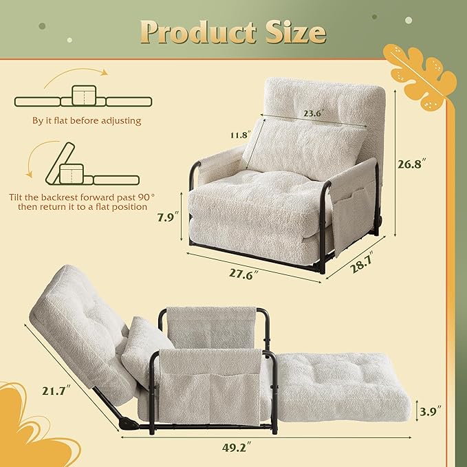 WLIVE Futon Sofa Bed Couch with Adjustable Backrest, Bean Bag Chairs for Adults, Floor Couch with Armrest, Pillow, Low Profile Floor Seating for Living Room, Reading, Bedroom, Single, Beige