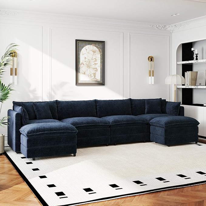 Aoowow Modular Sectional Sofa Modern Convertible U Shaped Couch,147.2 Inch Deep 4-Seater Sofas Set Comfy Chenille Cloud Sofas and Couches with Movable Ottoman for Living Room Apartment（Blue）
