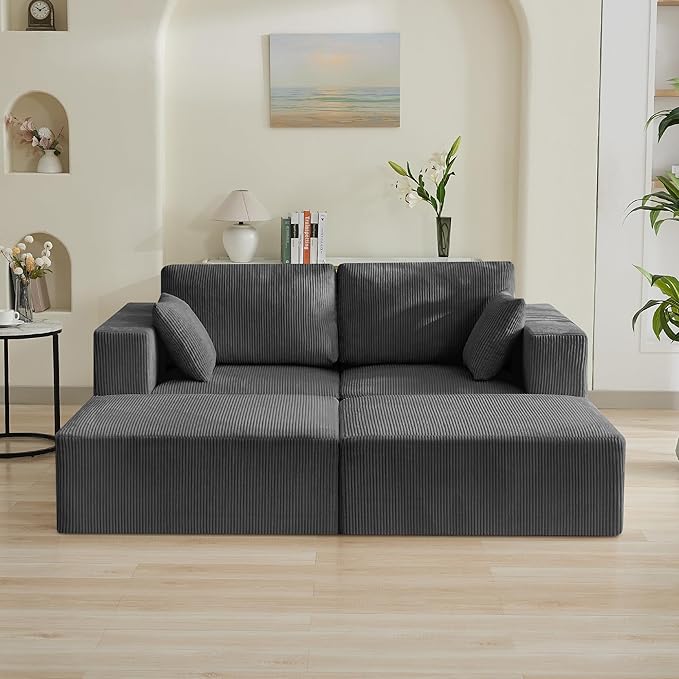 83'' Boneless Loveseat Sofa, Comfy Deep Seat Cloud Couch with 2 Moveable Ottoman, No Assembly Corduroy Love Seat for Living Room, Grey
