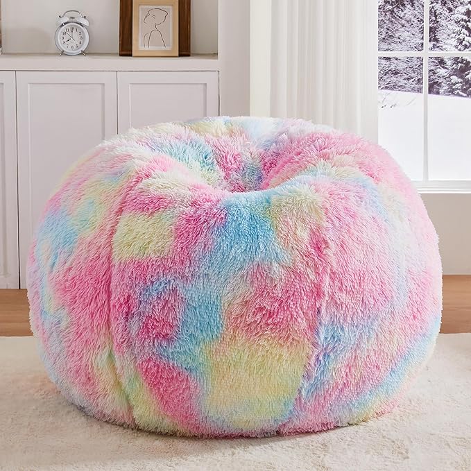 Rainbow Bean Bag Chair - Giant Bean Bag Chairs for Adults and Kids - Oversized Bean Bag Sofa Couch with Filler - Faux Fur BeanBag Furniture for Living Room Bedroom Dorm Office - 41inch