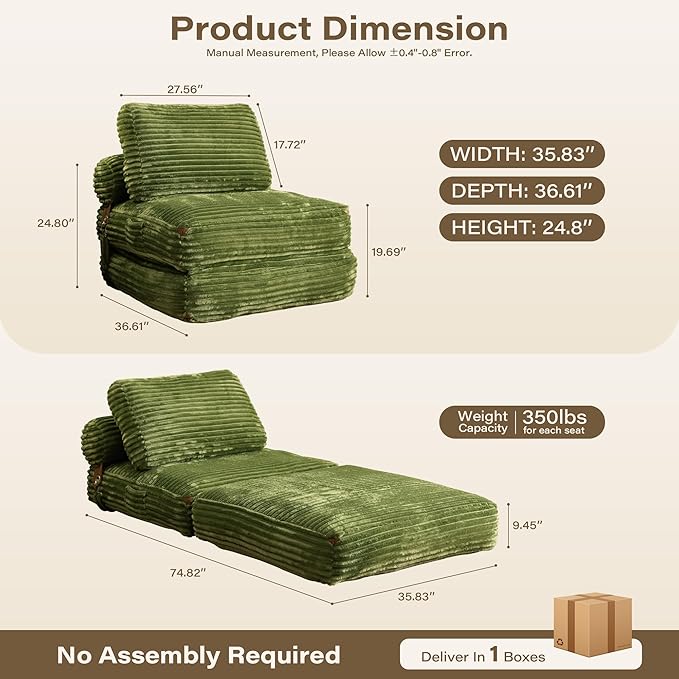 75''Foldable Sofa Bed,Green Convertible Folding Sleeper Chair Bed,Foldable Single Sofa Foam Filling Couch with Pillow, Comfy Corduroy Lazy Floor Sofa for Small Room Living Room Bedroom Apartment