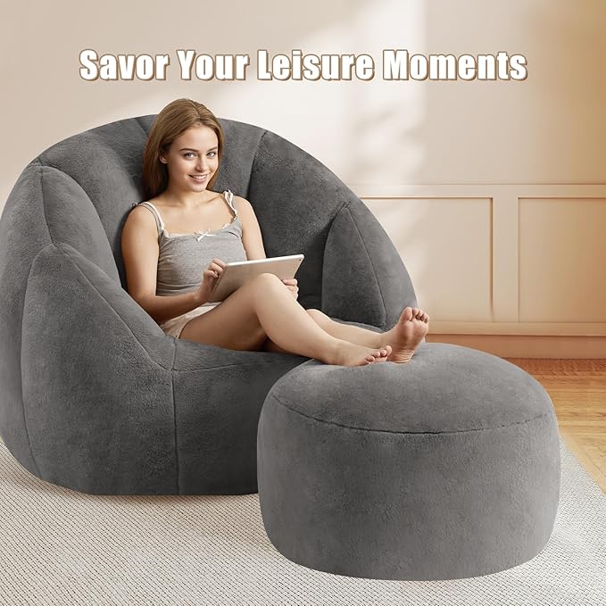 Gericco Round Pouf Ottoman Foot Rest, 29 X 18Inch Floor Poufs Footstool, A Round Modern Foam Filled Foot Stool for Living Room, Home, Nursery, Dorm, Outdoor (Grey, 29Inch)