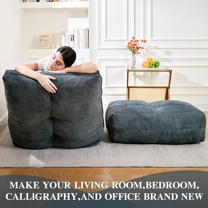 Cvortll Bean Bag Chair with Ottoman, Comfy Bean Bag Sofa with Memory Foam, Lazy BeanBag Sofa with Footstool, Fireside Bean Bag Couch for Living Room, Bedroom, Apartment (Blue Gray)