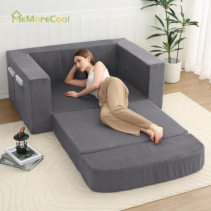 MeMoreCool Convertible Sofa Bed, Pull Out Loveseat Sleeper Sofa, Small Boneless Cloud Couch Bed for Adults, Fold Out Foam Love Seat, Corduroy Folding Floor Couch for Bedroom, Dark Grey