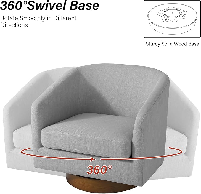 Swivel Barrel Chair, Modern Round PU Leather Accent Armchair for Living Room, Bedroom, Oversized Comfy Club Reading Chairs for Adults (Fabric Light Grey, Set of 2)